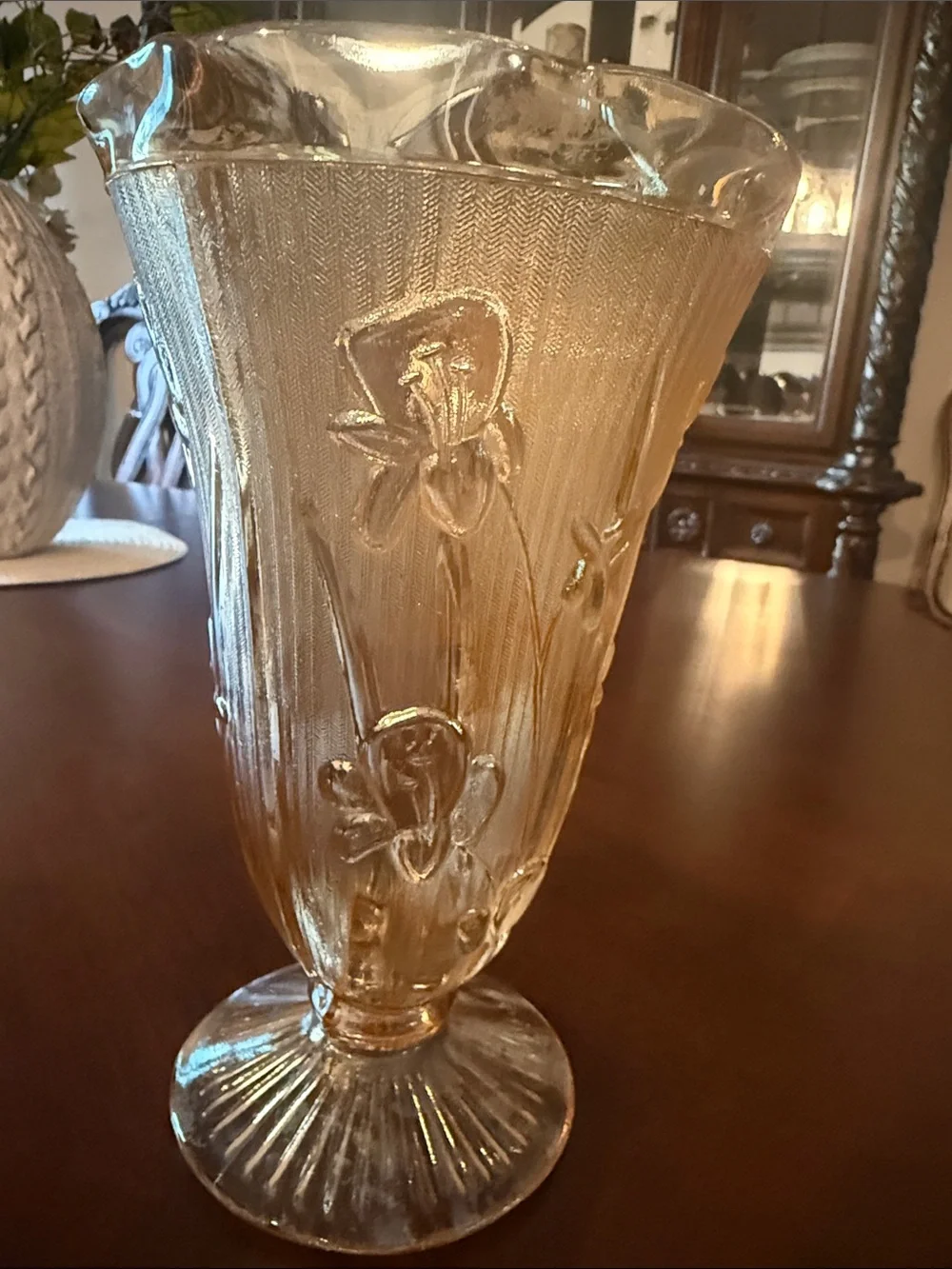 Jeanette Carnival Pressed Glass Flower Vase in Iris and Herringbone pattern.